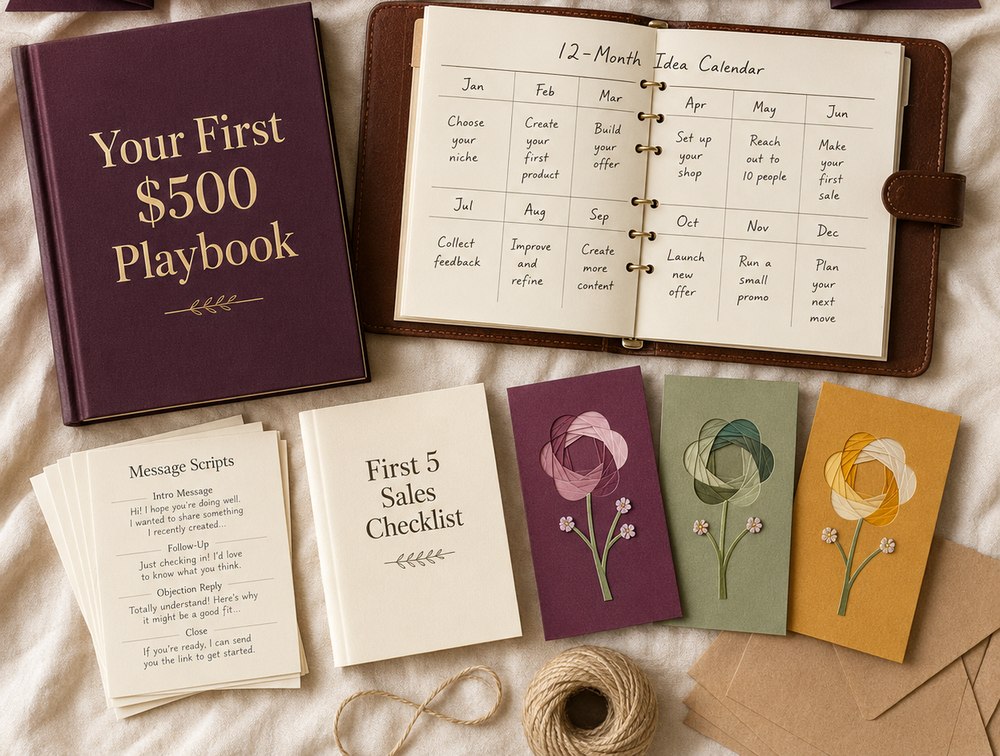 Your First $500 Playbook: sales scripts, annual idea calendar, first 5 sales checklist