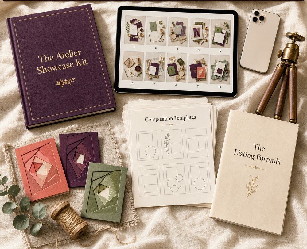 The Atelier Showcase Kit: photography mini-guide, flat-lay templates and listing formula