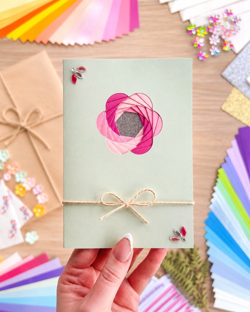 Hand-folded iris folding card being given as a gift